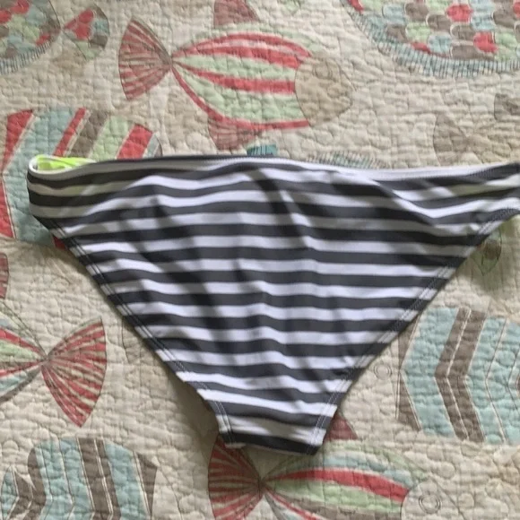 Hot Water Bikini Bottoms, Gray & White striped with Neon Yellow sides, Sz L - Picture 3 of 5